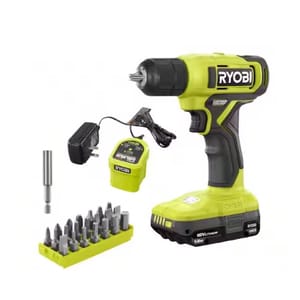 RYOBI cordless drill set with charger, battery, assorted drill bits, and bit holder.