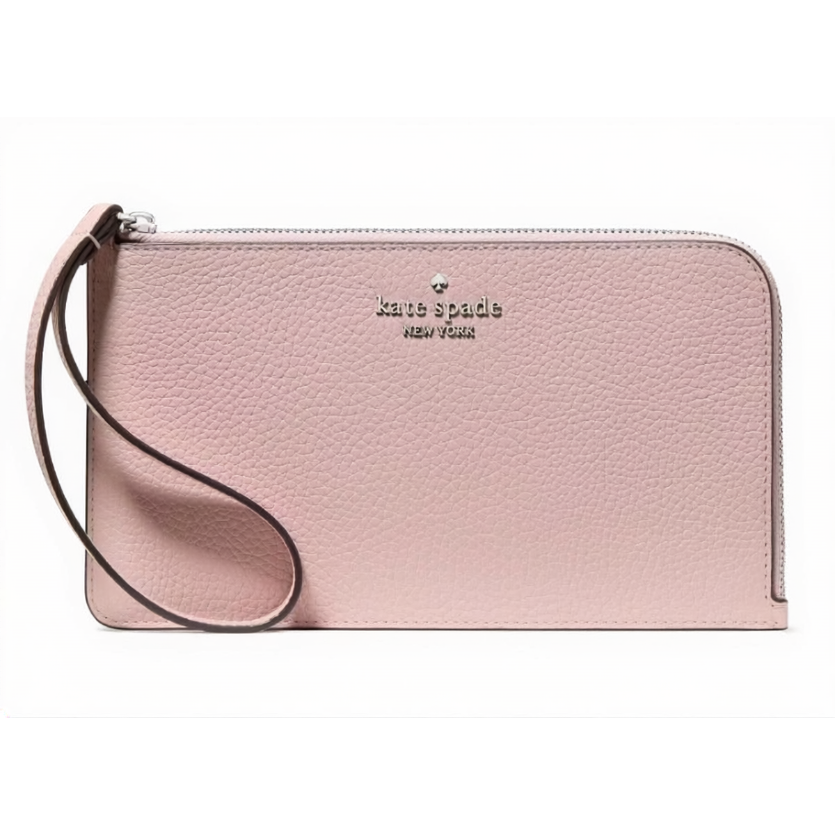 A pink Kate Spade New York wristlet with a textured leather finish, featuring a zippered closure and a strap for easy carrying.