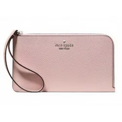 A pink Kate Spade New York wristlet with a textured leather finish, featuring a zippered closure and a strap for easy carrying.
