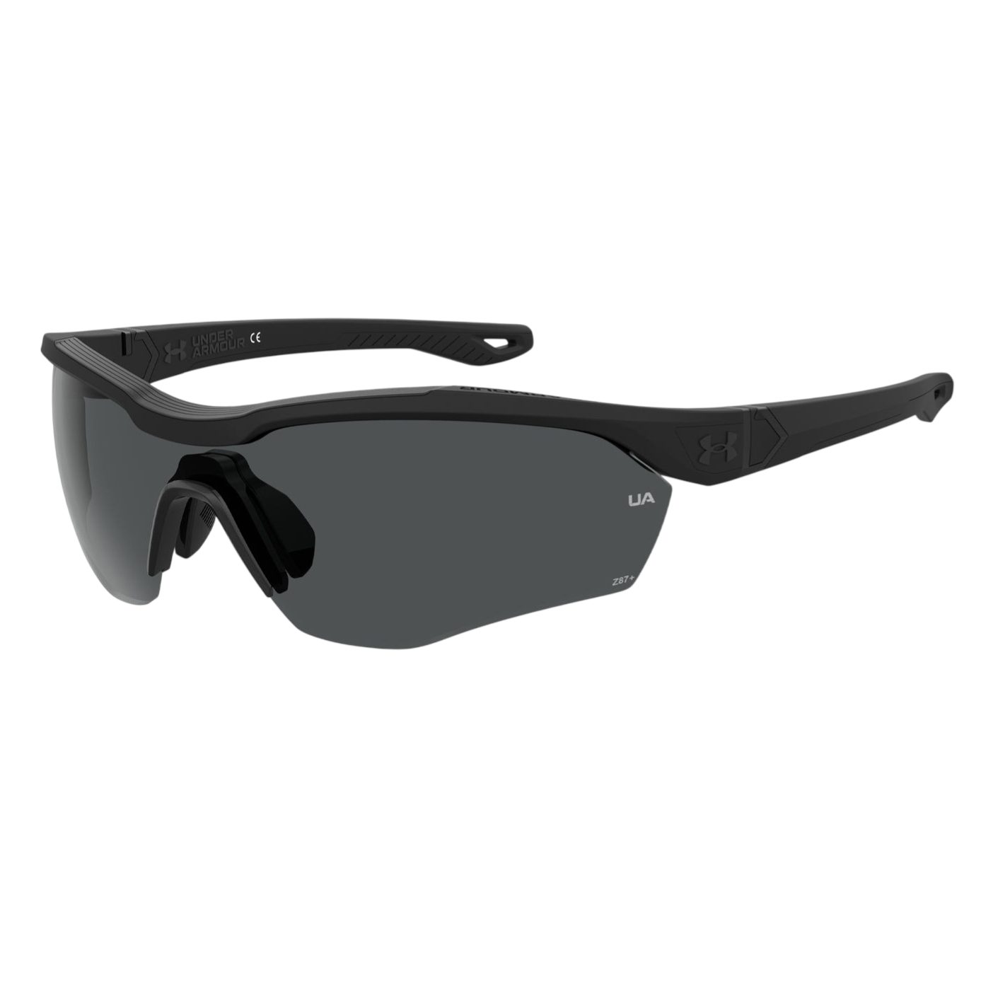 Under Armour sports sunglasses with a sleek black frame and dark lenses, featuring the Under Armour logo on the temple and Z87+ marking for impact protection compliance.