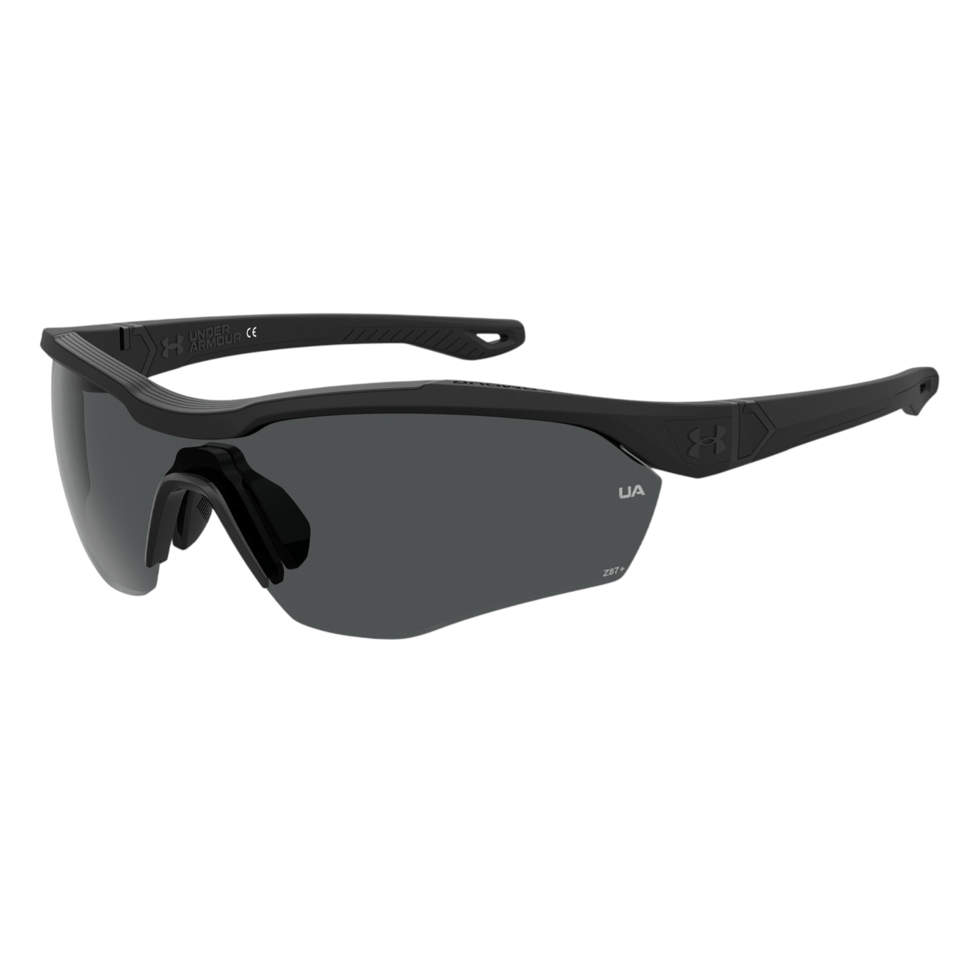 Under Armour sports sunglasses with a sleek black frame and dark lenses, featuring the Under Armour logo on the temple and Z87+ marking for impact protection compliance.