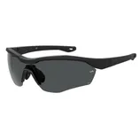 Under Armour sports sunglasses with a sleek black frame and dark lenses, featuring the Under Armour logo on the temple and Z87+ marking for impact protection compliance.