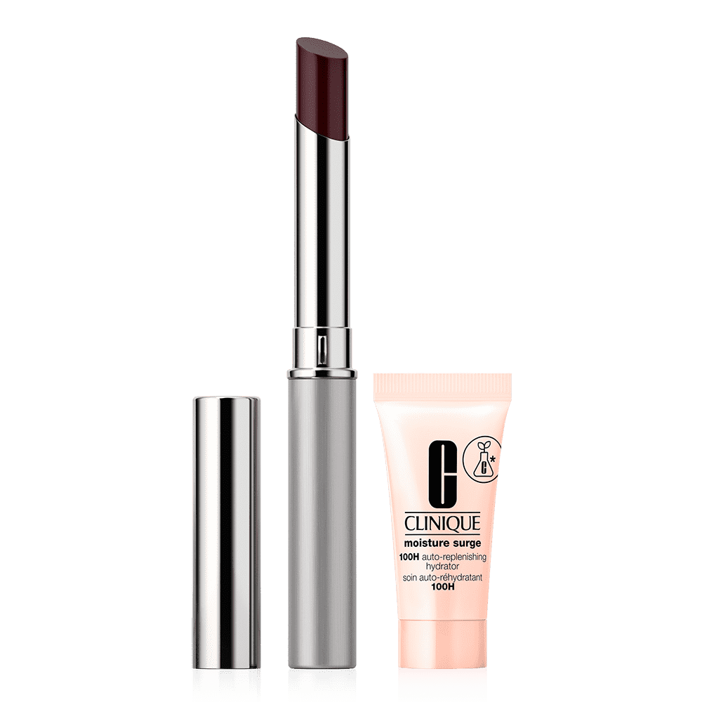 A Clinique lipstick with a silver tube and a small pink tube of Clinique Moisture Surge 100H Auto-Replenishing Hydrator.