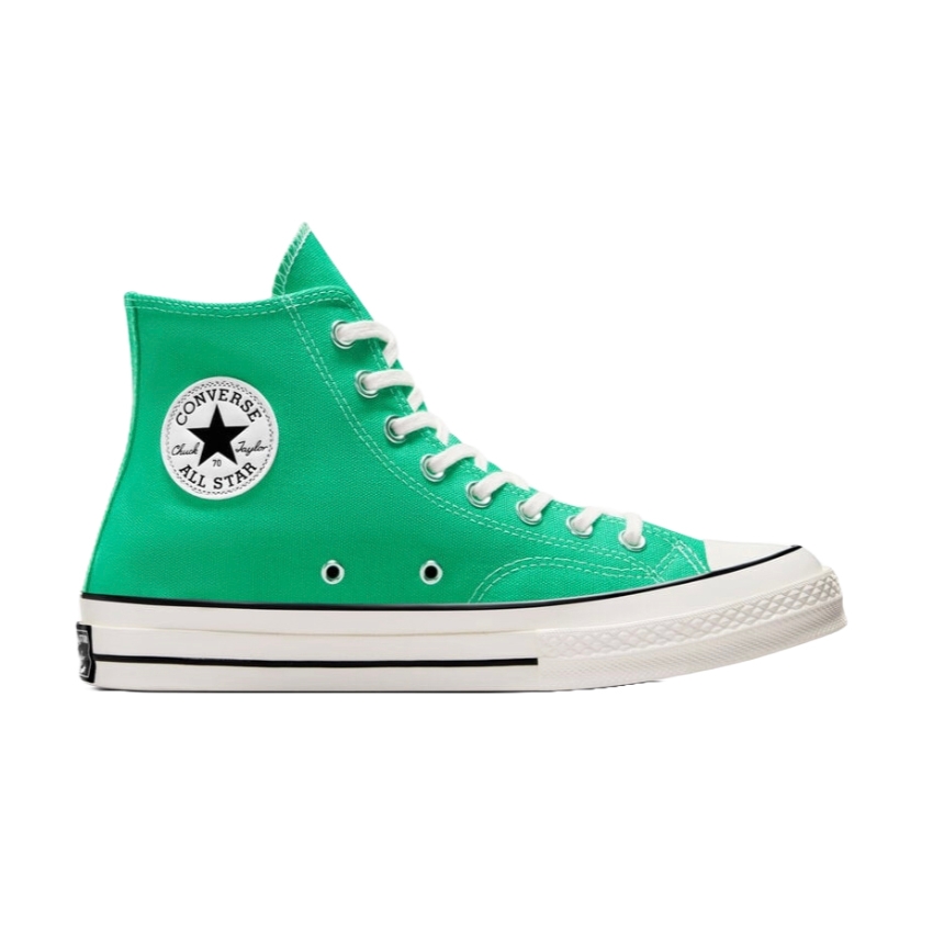Bright green Converse Chuck 70 high-top sneakers with white laces and sole, featuring the classic Converse All Star patch on the ankle.