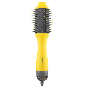 A yellow and gray hair dryer brush with a rectangular bristle design, branded \“drybar.\“
