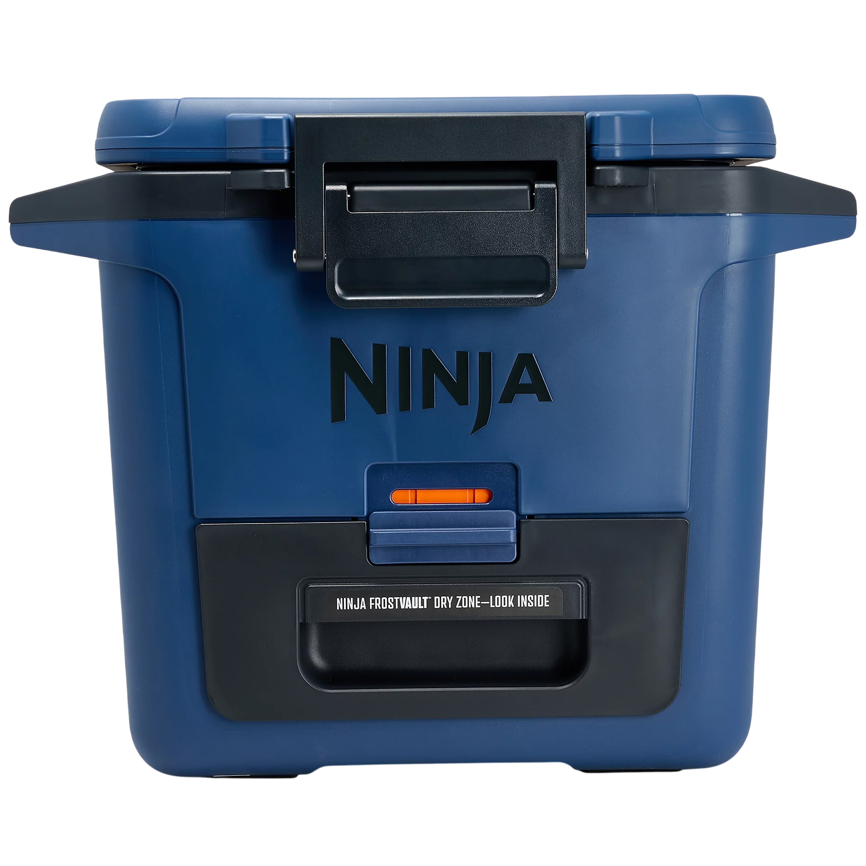Ninja ice chest cooler with a dark blue design and black latch, featuring a \“FrostVault Dry Zone\“ compartment.