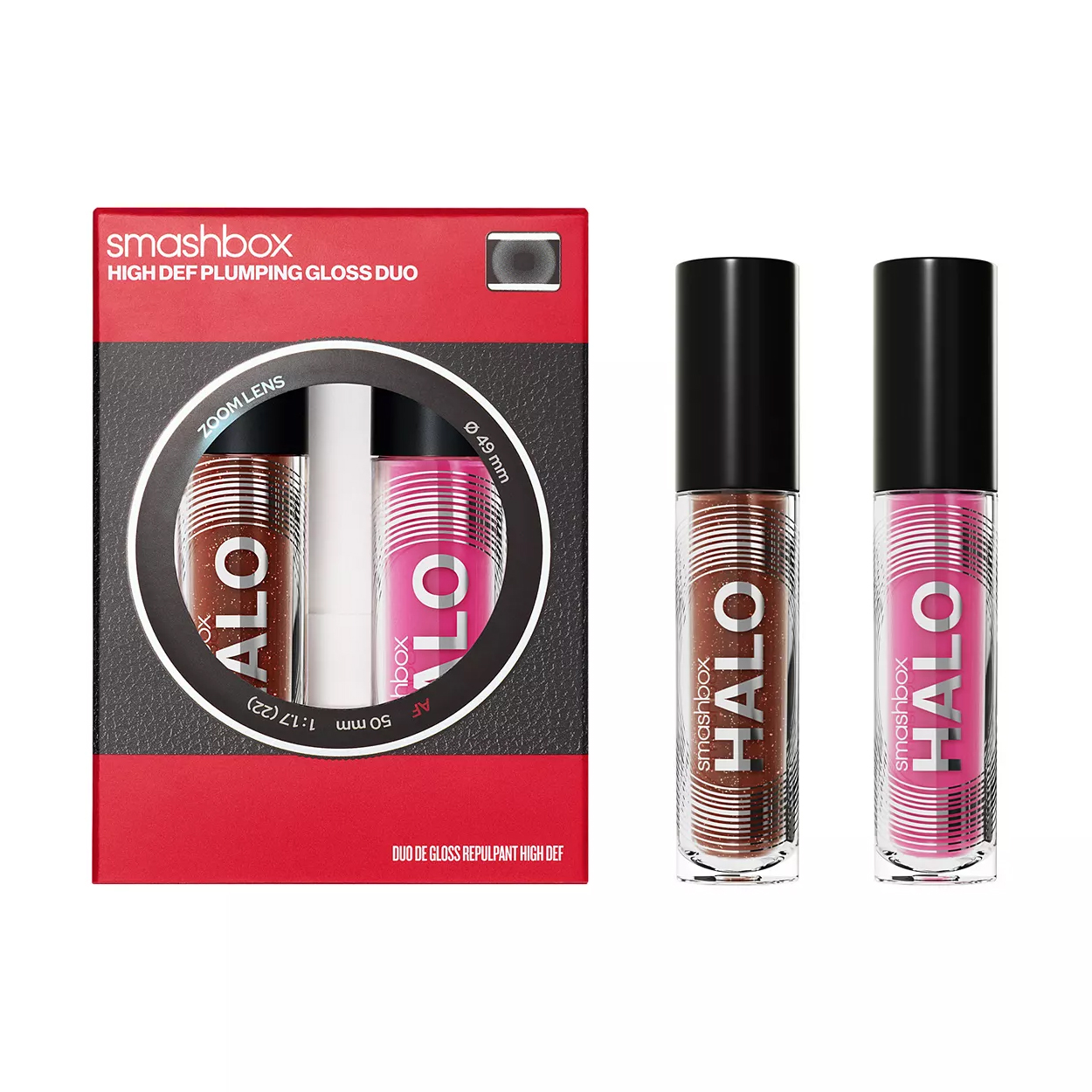 Smashbox High Def Plumping Gloss Duo includes two shades, one brown and one pink, in a packaging designed like a camera zoom lens.