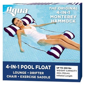 Aqua 4-in-1 Monterey Hammock pool float, featuring a lounge, drifter, chair, and exercise saddle. Weight capacity: 250 lbs; inflated length: 44 in (112 cm).