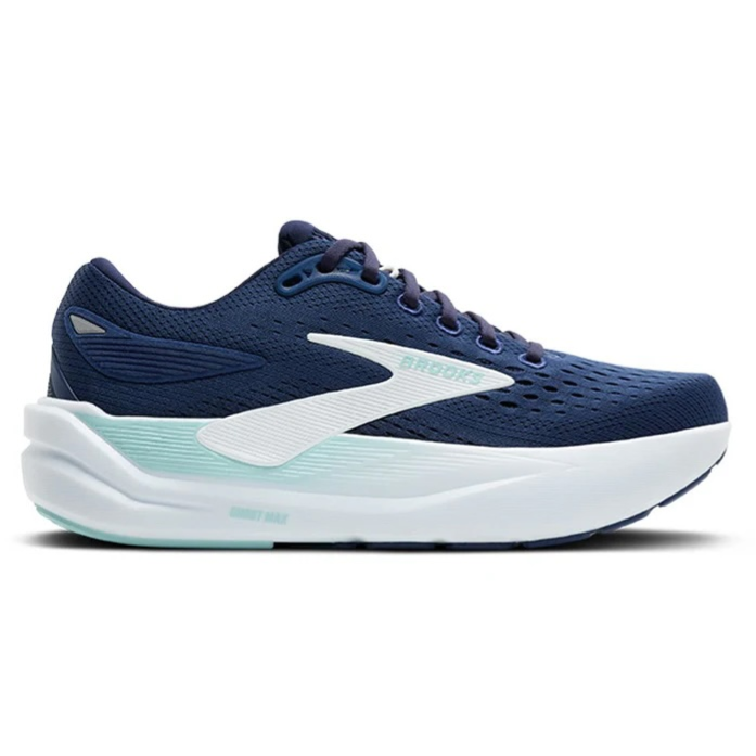 A navy blue athletic shoe with a white sole and light mint accents, featuring breathable mesh material and a sleek design.