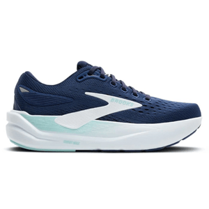 A navy blue athletic shoe with a white sole and light mint accents, featuring breathable mesh material and a sleek design.