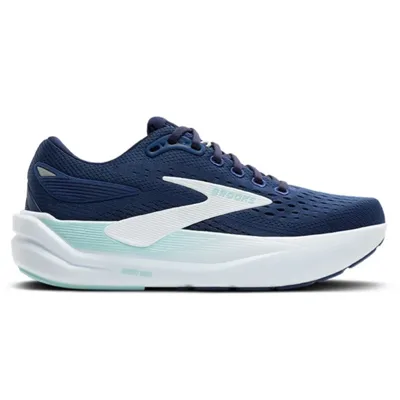 A navy blue athletic shoe with a white sole and light mint accents, featuring breathable mesh material and a sleek design.