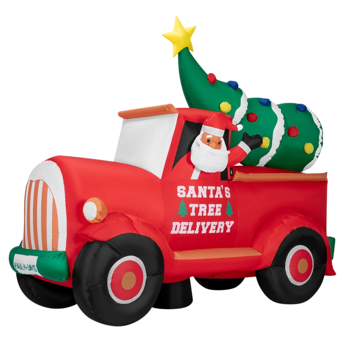 Inflatable Christmas decoration featuring Santa driving a red truck with \“SANTA'S TREE DELIVERY\“ text and a Christmas tree in the back.