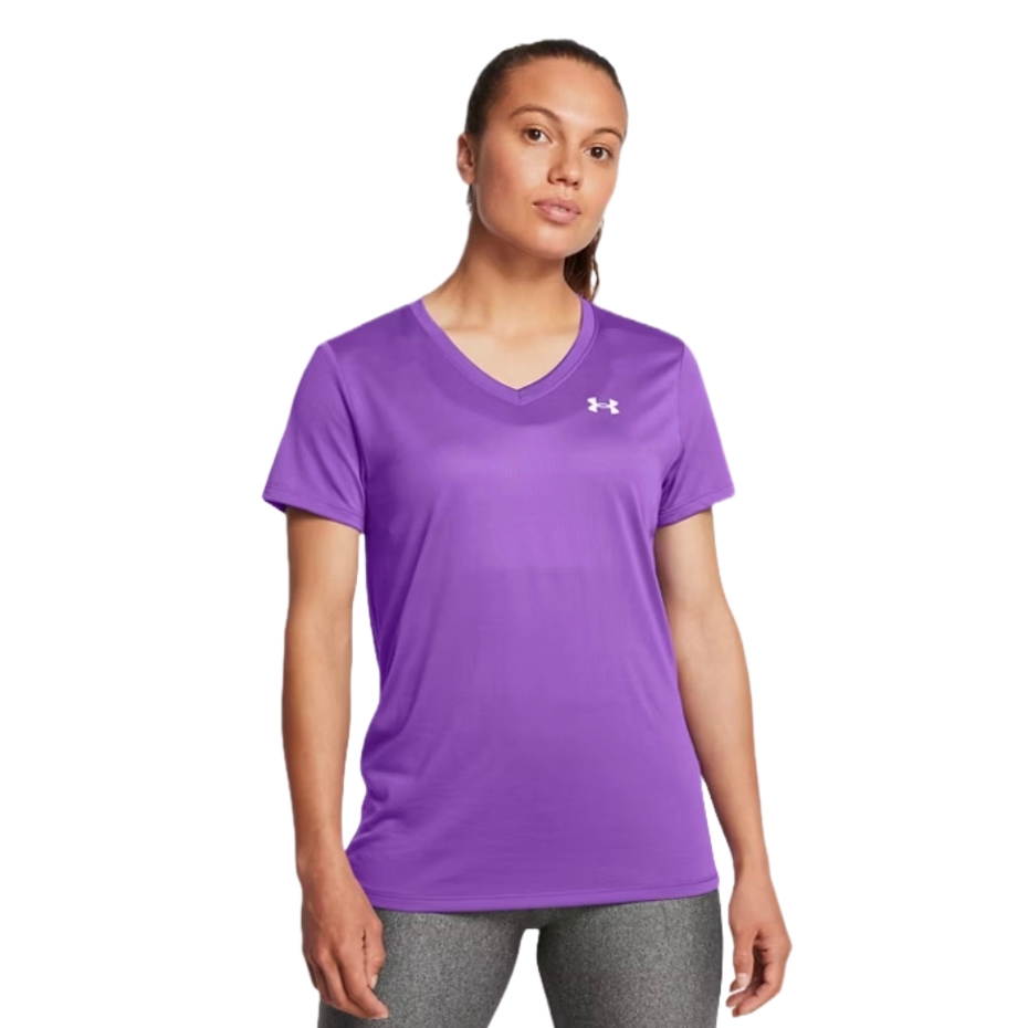 Purple Under Armour short-sleeve V-neck shirt with a small logo on the chest, paired with gray pants.