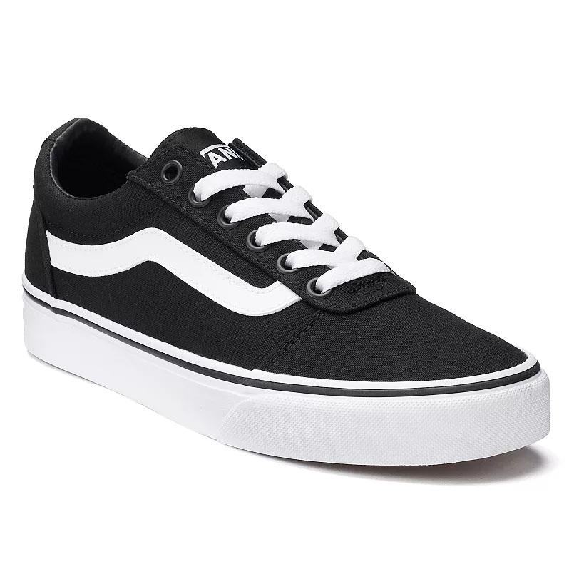 Black Vans Ward Skate Shoes featuring a low-top design, white side stripe, and laces, with a white rubber sole.