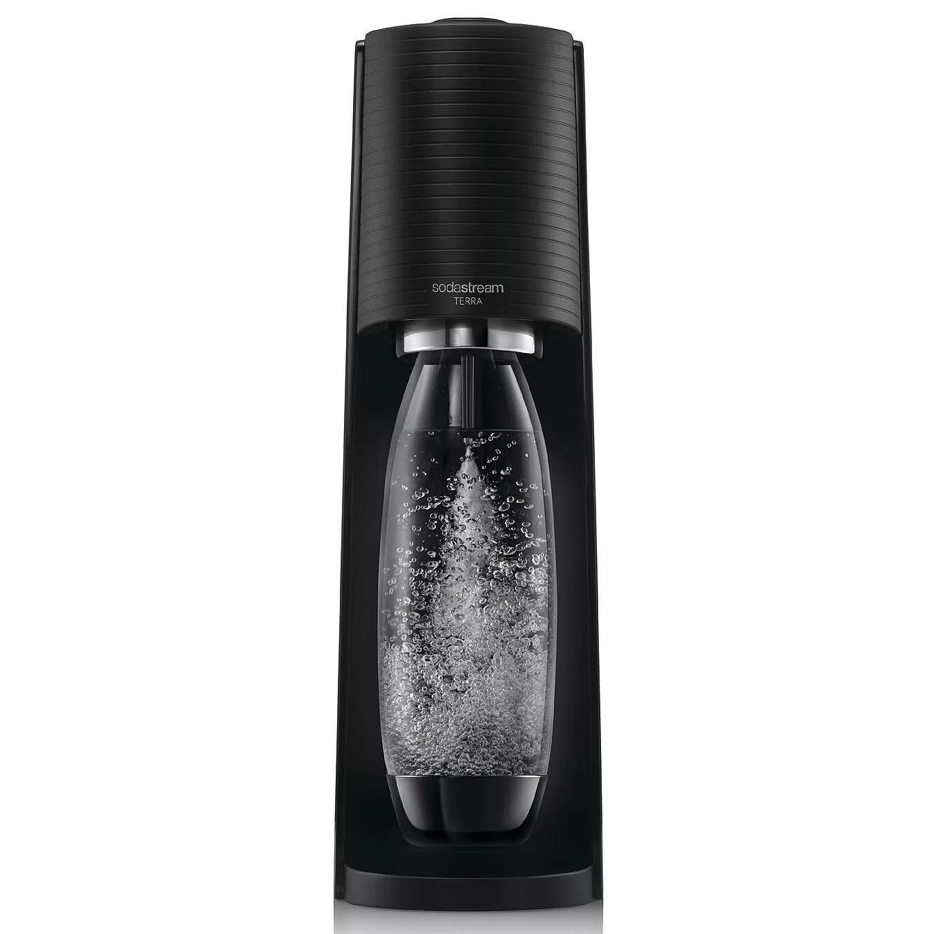 The SodaStream Terra Bundle features a sleek, black soda maker with a carbonating bottle, designed to easily add fizz to water using a CO2 cylinder.
