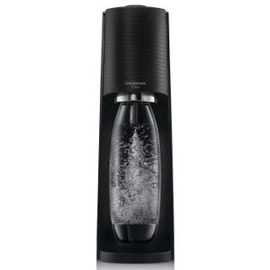 The SodaStream Terra Bundle features a sleek, black soda maker with a carbonating bottle, designed to easily add fizz to water using a CO2 cylinder.