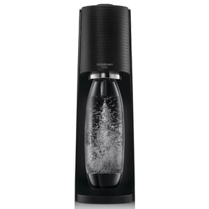 The SodaStream Terra Bundle features a sleek, black soda maker with a carbonating bottle, designed to easily add fizz to water using a CO2 cylinder.