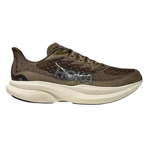 Brown HOKA running shoe with a thick, cushioned sole and detailed upper design.