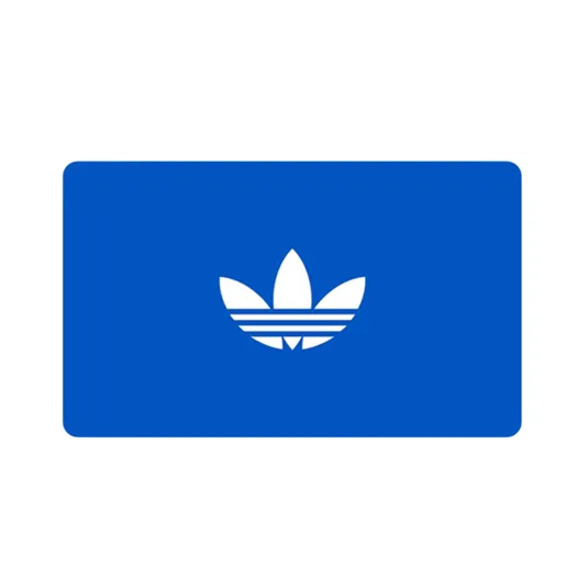 Blue rectangular card featuring the Adidas Trefoil logo in white, symbolizing the brand's connection to sports and casual apparel.