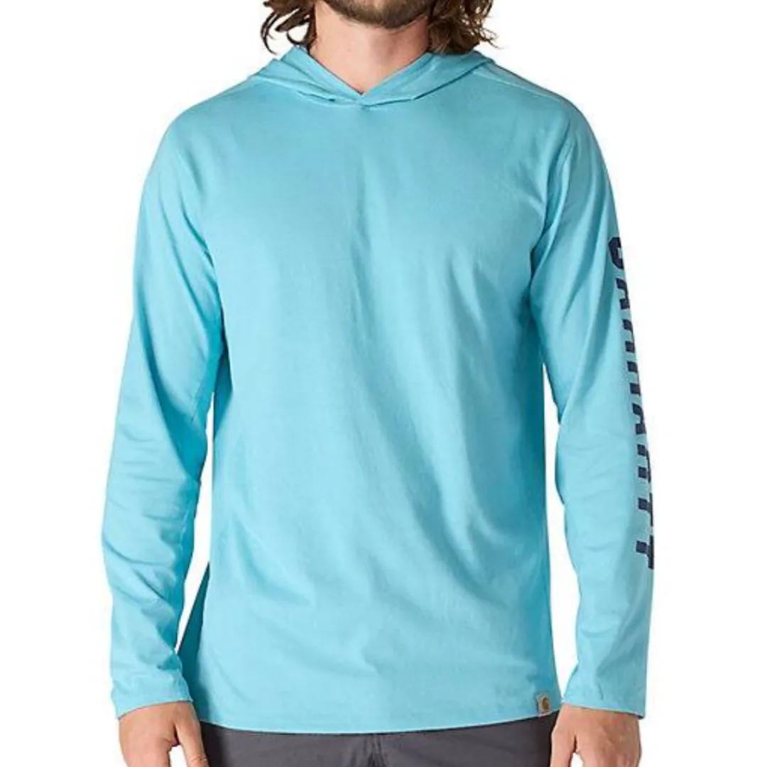 A light blue long-sleeve hoodie worn by a person, featuring a logo or text on the left sleeve.