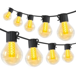 String of globe-shaped LED bulbs with black sockets, emitting warm yellow light, connected by a black wire.