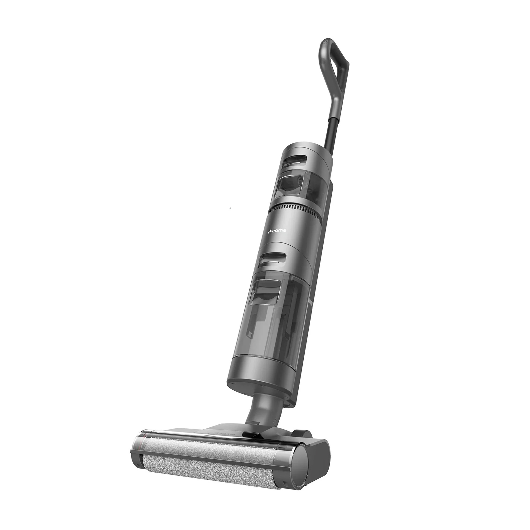 A cordless wet/dry vacuum with a sleek, upright design featuring a transparent dustbin, a roller brush head, and a top-mounted handle.
