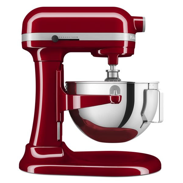 A red stand mixer with a stainless steel mixing bowl and speed settings on the side.