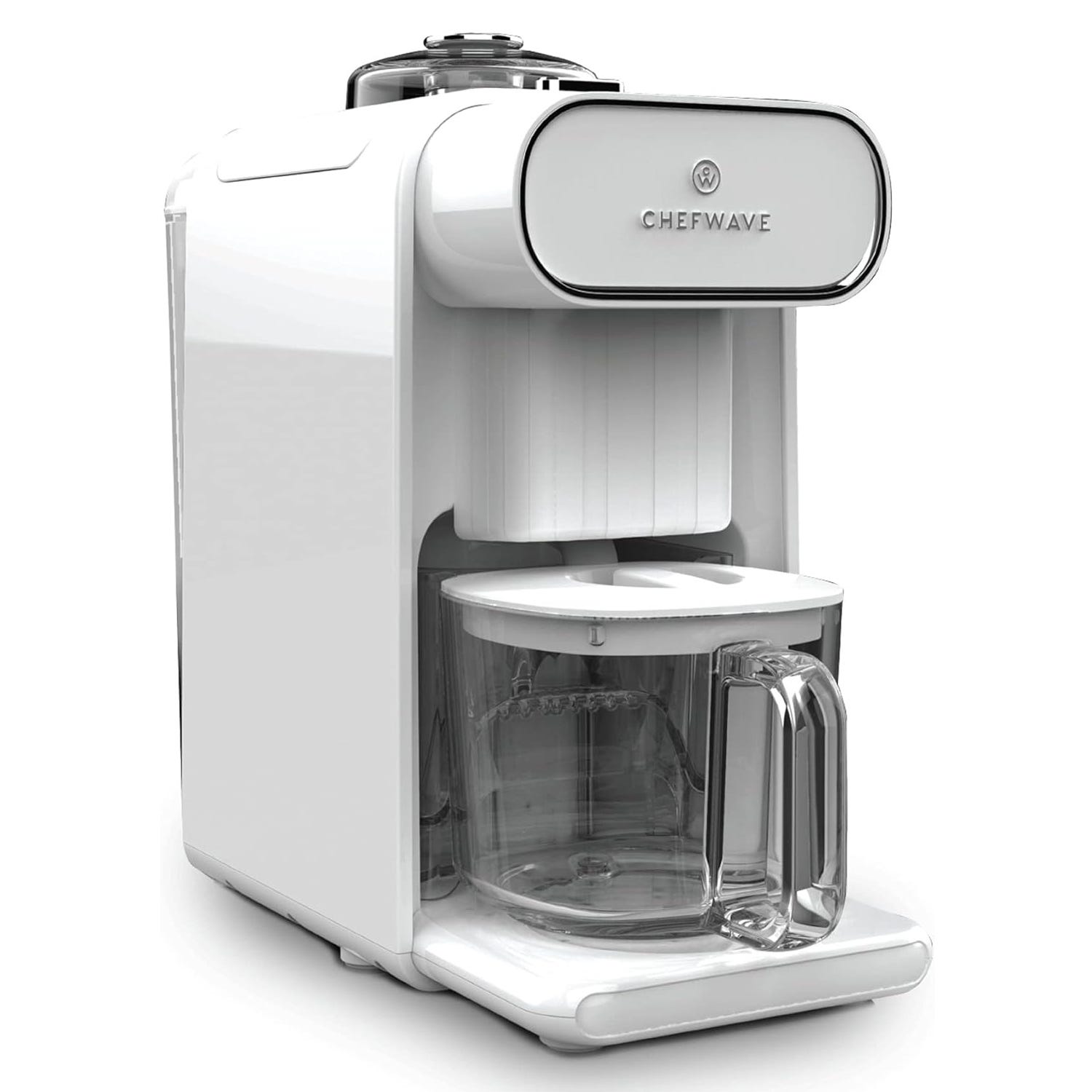 A white ChefWave automatic milk frother featuring a sleek design with a transparent jug and handle.