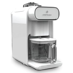 A white ChefWave automatic milk frother featuring a sleek design with a transparent jug and handle.