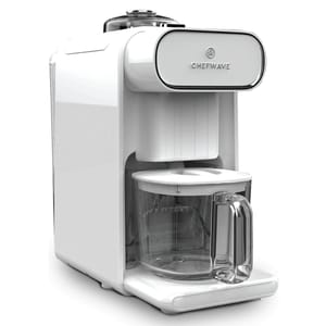 A white ChefWave automatic milk frother featuring a sleek design with a transparent jug and handle.