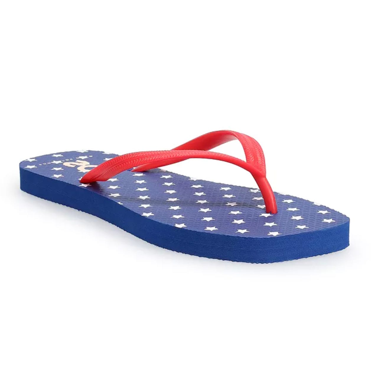 Kohl's SO Lanah Flip Flop Sandals feature a blue footbed with white stars and red straps. The design is casual with a patriotic theme, suitable for everyday wear.