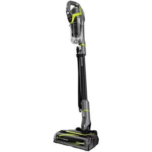 The Bissell Stick Vacuum is a sleek, cordless vacuum with a slim design, featuring a transparent dustbin, ergonomic handle, and brush roll with green accents.