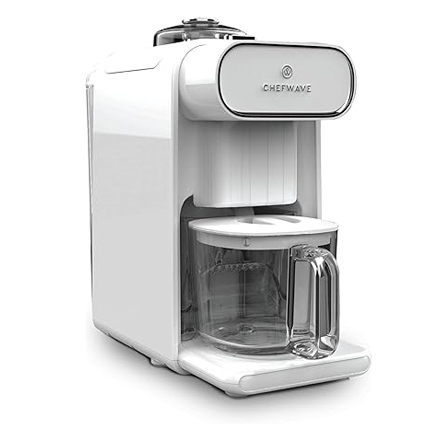 A white ChefWave Non-Dairy Milk Maker with a sleek design featuring a front glass jug for milk collection and a compact water tank to the side.