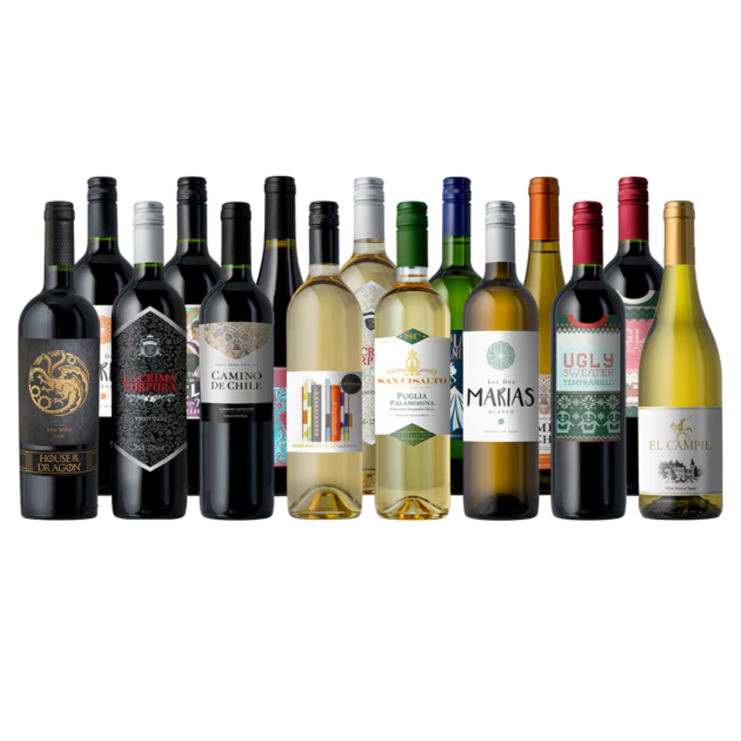 Assorted wine bottles featuring various labels and styles, including red and white wines from different regions.