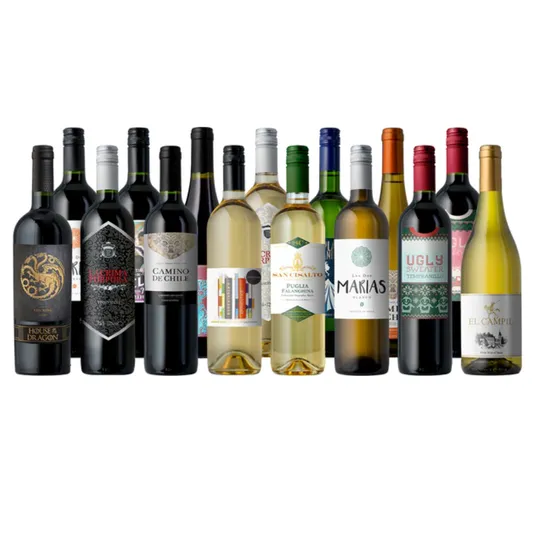 Assorted wine bottles featuring various labels and styles, including red and white wines from different regions.