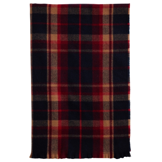A red, navy, and beige plaid scarf with a fringe at the ends.
