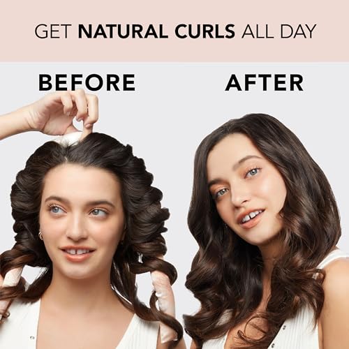 The photo shows a woman before using satin hair curlers with straight hair, and the same woman after with natural curls.