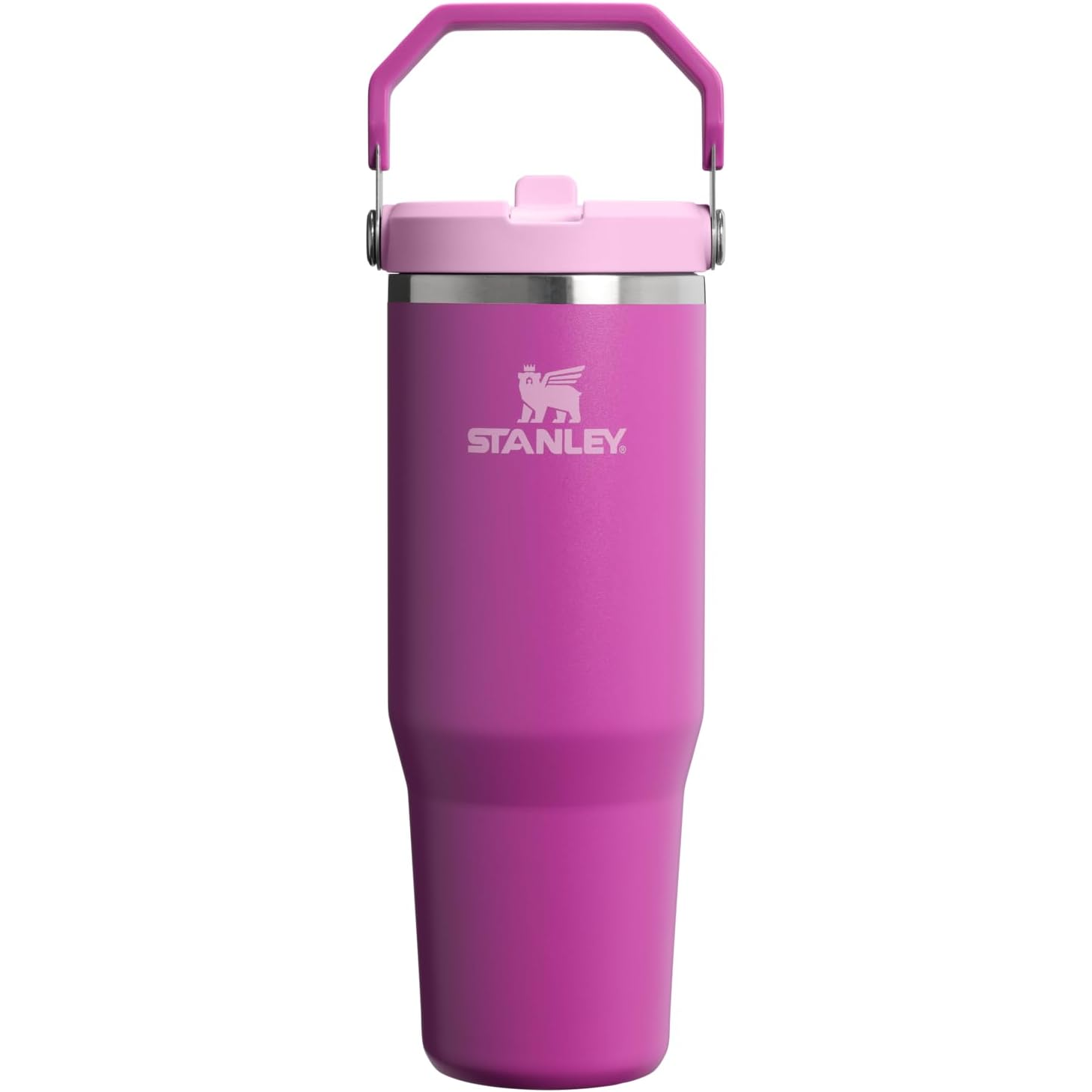 A pink Stanley tumbler with a handle and a flip-top lid, featuring the Stanley logo in white.