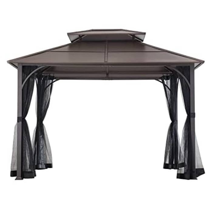 A metal gazebo with a double-tiered roof and black mosquito netting drapes on each side, offering shade and insect protection for outdoor spaces.