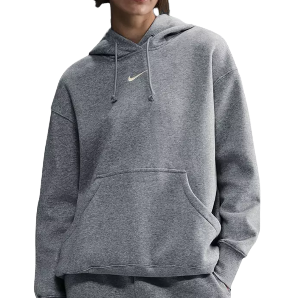 A gray Nike hoodie with a small swoosh logo on the chest, featuring a drawstring hood and a front kangaroo pocket.