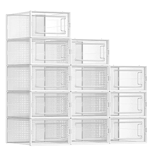 A set of 12 white, stackable storage organizers with clear, front-opening doors, featuring a dotted pattern design for breathability.