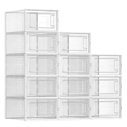 A set of 12 white, stackable storage organizers with clear, front-opening doors, featuring a dotted pattern design for breathability.