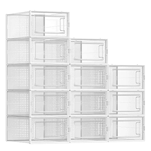 A set of 12 white, stackable storage organizers with clear, front-opening doors, featuring a dotted pattern design for breathability.