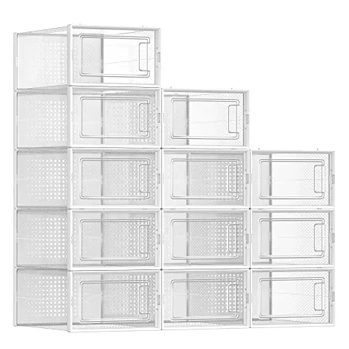 A set of 12 white, stackable storage organizers with clear, front-opening doors, featuring a dotted pattern design for breathability.