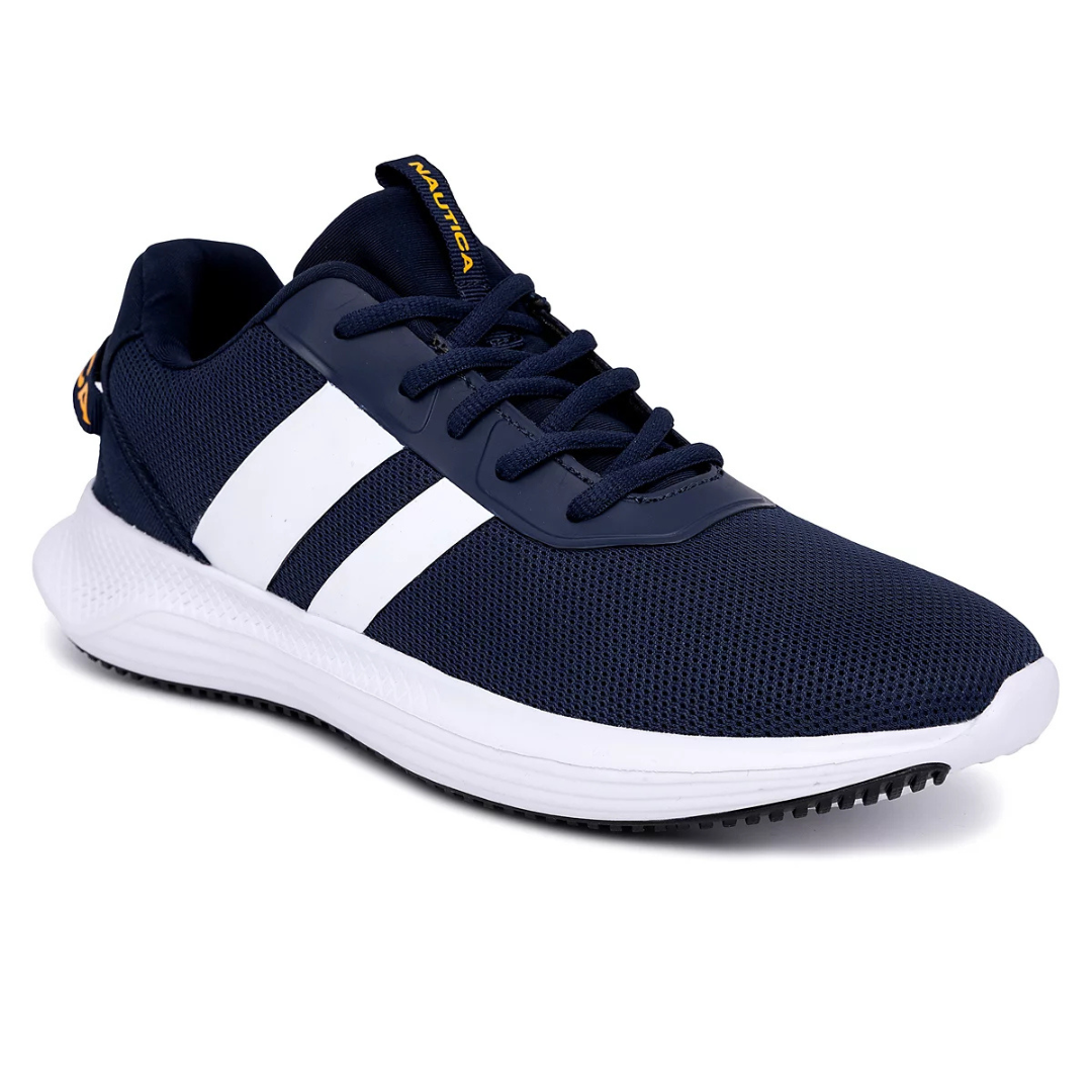 A navy blue athletic shoe featuring mesh material, white stripes on the side, and a white sole with a textured grip. The shoe is designed for casual or sports use.