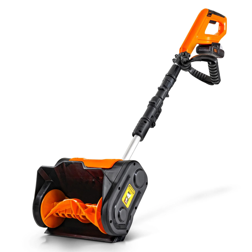 The SuperHandy Snow Thrower Power Shovel is an electric, handheld snow removal tool with an ergonomic handle and an orange and black design, featuring a rotating auger for effective snow clearing.