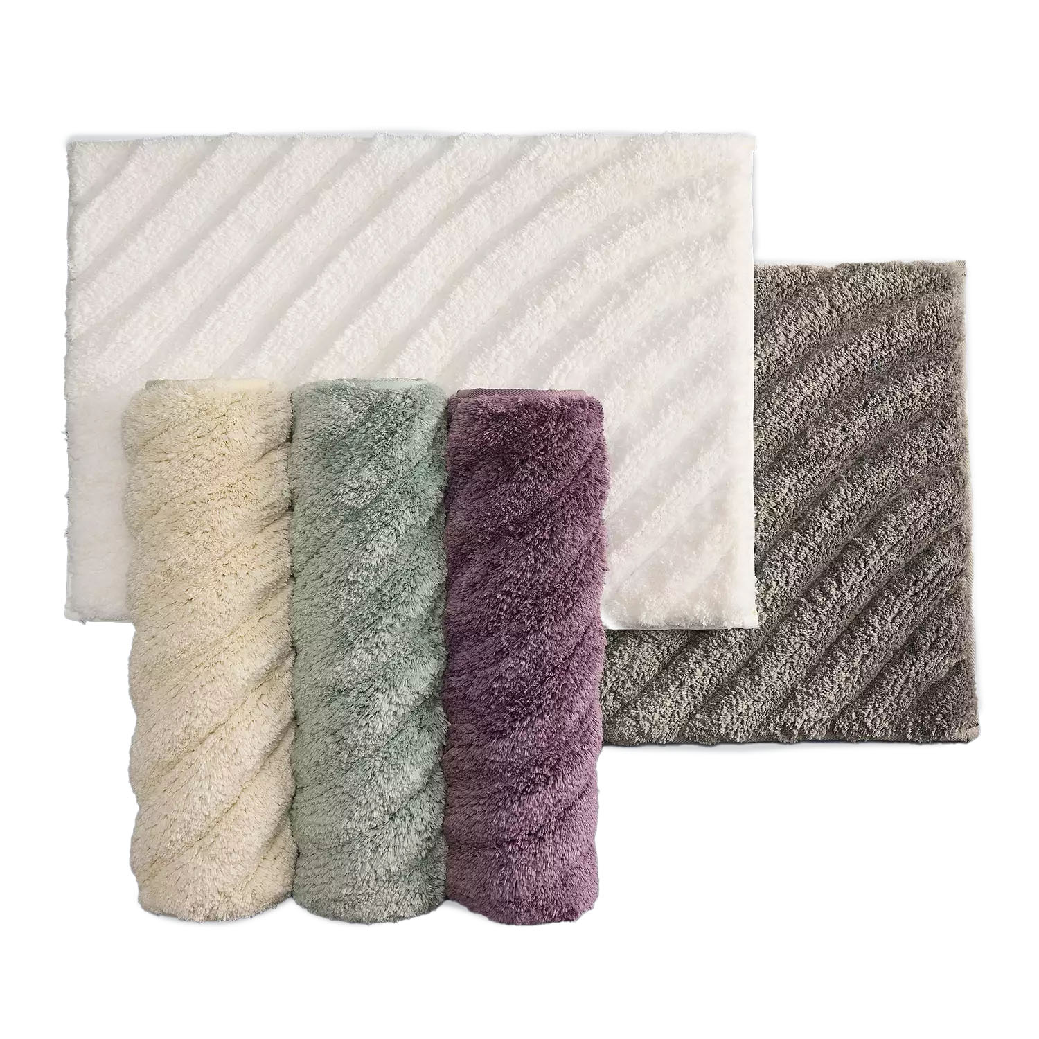 Vera Wang Luxury Bath Rug features a plush, textured design in soft colors: cream, mint, purple, gray, and white. The set includes one large rectangular rug and three rolled smaller rugs, each with a subtle diagonal stripe pattern.