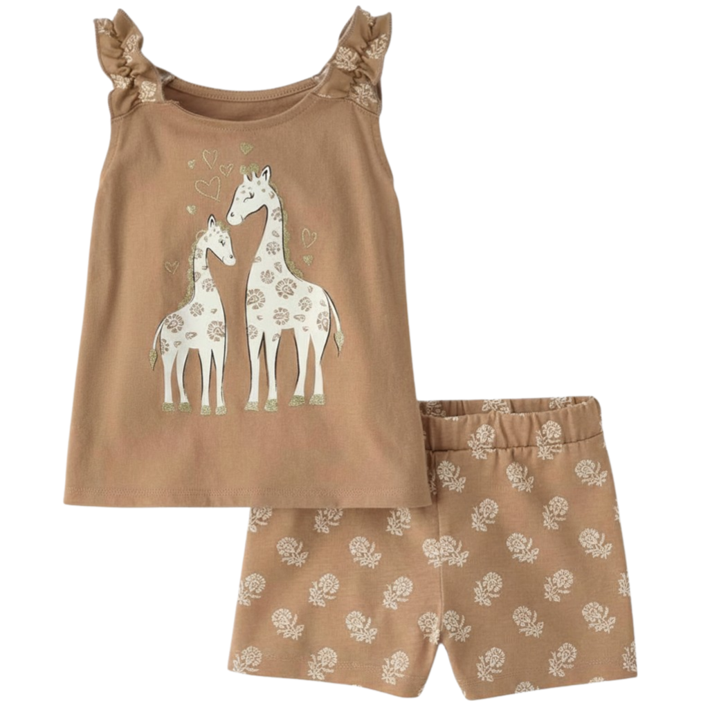 Brown children's outfit includes a sleeveless top with ruffled straps featuring two giraffes and hearts, paired with matching shorts with a leaf pattern.
