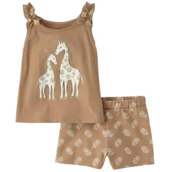 Brown children's outfit includes a sleeveless top with ruffled straps featuring two giraffes and hearts, paired with matching shorts with a leaf pattern.