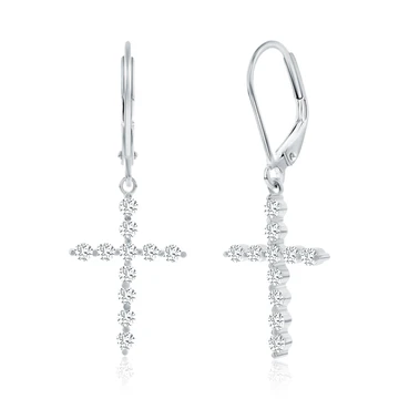 Silver earrings with dangling cross pendants, each adorned with small, sparkling stones.